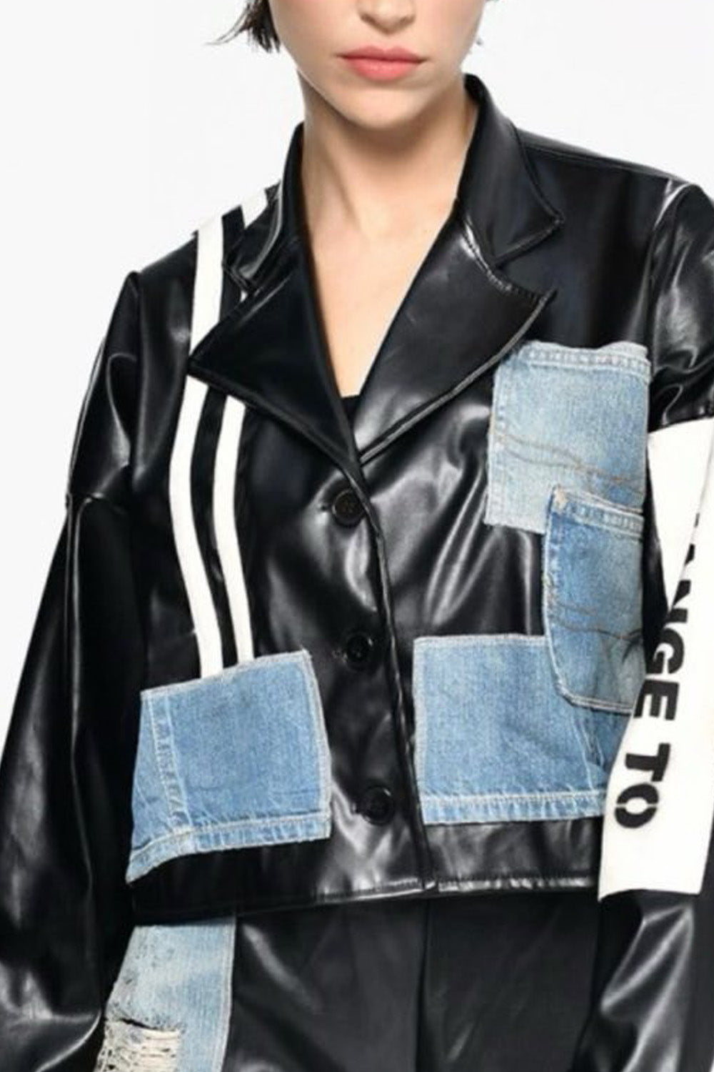 Σετ μαύρο jacket και παντελόνα με denim patchwork λεπτομέρειες Ellisargi Boutique