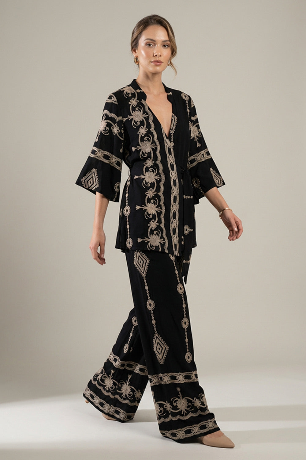 Σετ Kimono με Παντελόνα Μαύρο με Μπεζ Κεντήματα