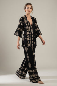 Σετ Kimono με Παντελόνα Μαύρο με Μπεζ Κεντήματα