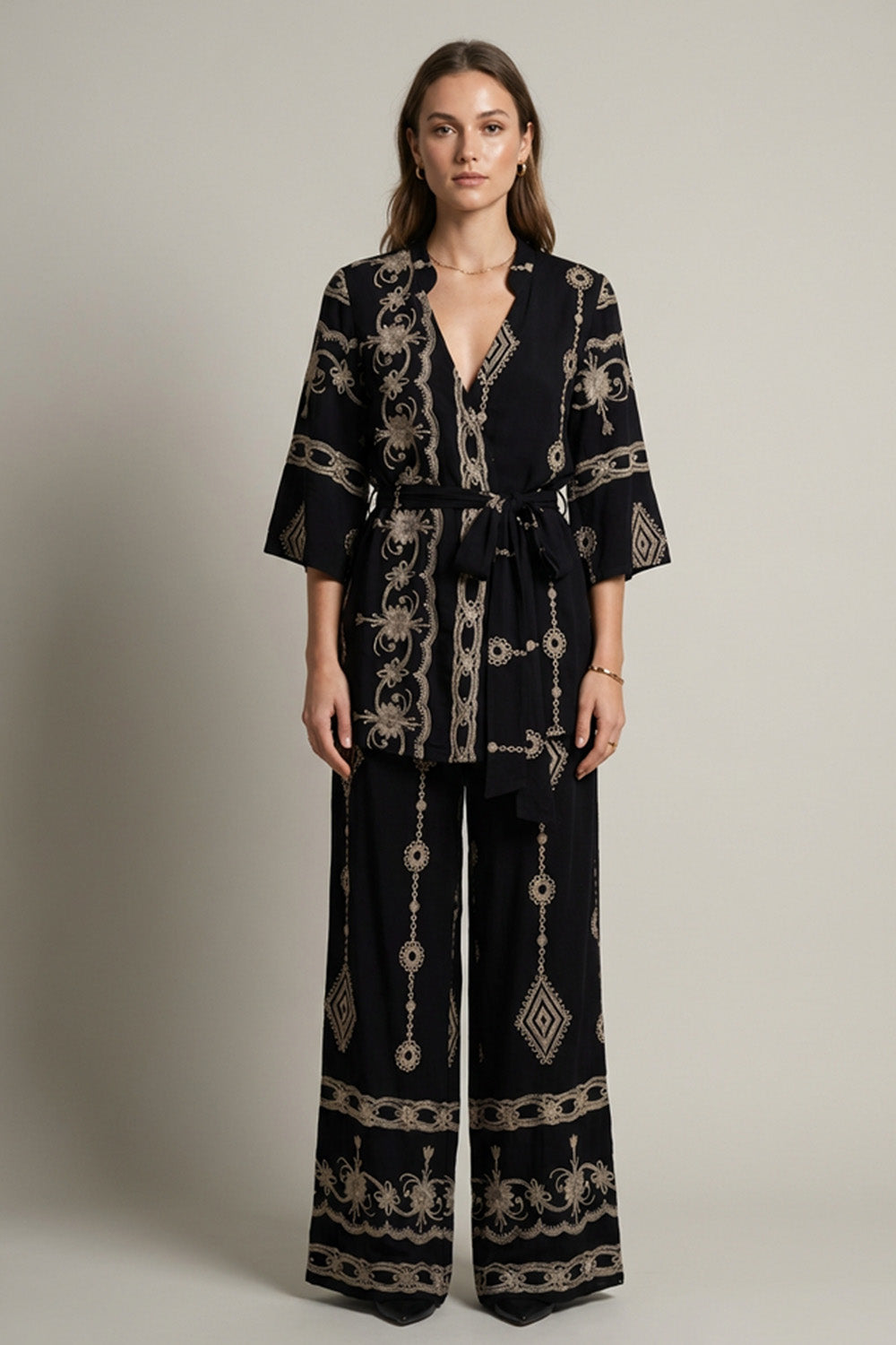 Σετ Kimono με Παντελόνα Μαύρο με Μπεζ Κεντήματα