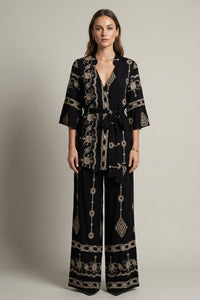 Σετ Kimono με Παντελόνα Μαύρο με Μπεζ Κεντήματα