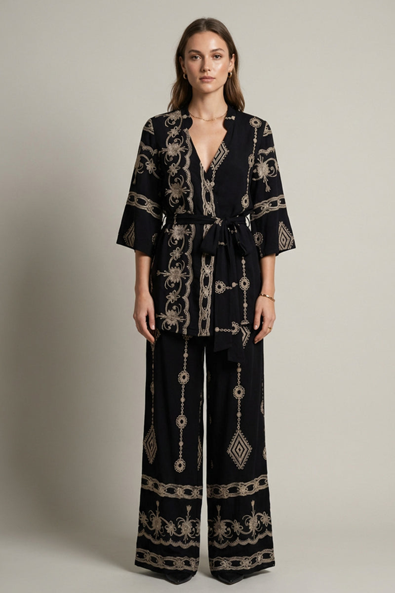 Σετ Kimono με Παντελόνα Μαύρο με Μπεζ Κεντήματα