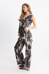 Σετ παντελόνα και ασύμμετρο top με tropical print μαύρο μπεζ