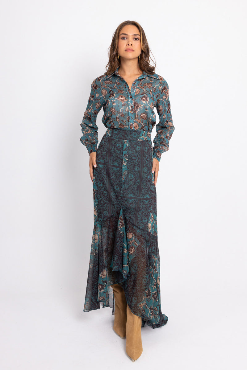 Σετ πετρόλ floral με πουκάμισο και μάξι φούστα βολάν, αέρινο και κομψό