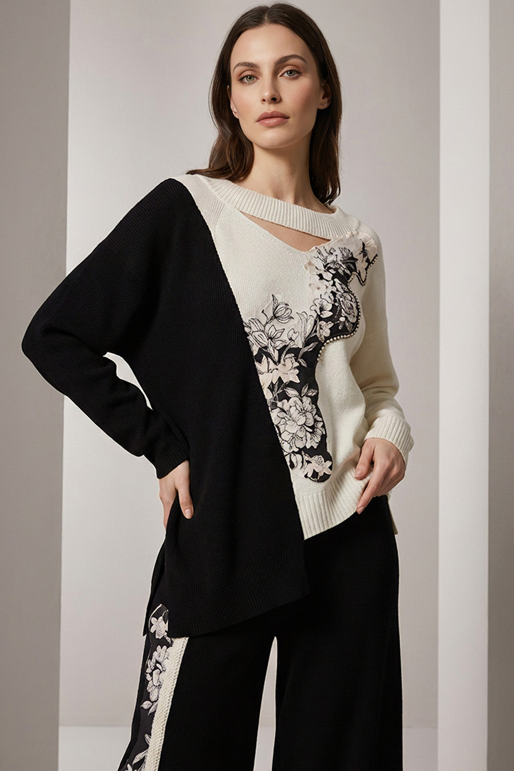 Πλεκτό σετ μαύρο–εκρού