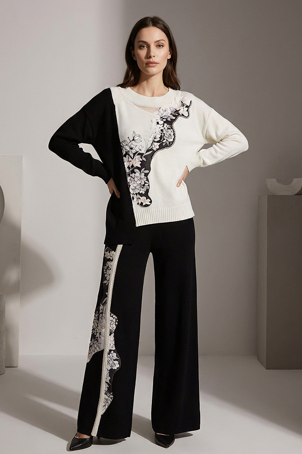 Πλεκτό σετ μαύρο–εκρού