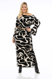 Σετ μπλούζα και φούστα plus size με abstract print σε μαύρο και μπεζ