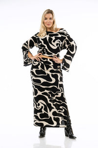 Σετ μπλούζα και φούστα plus size με abstract print σε μαύρο και μπεζ