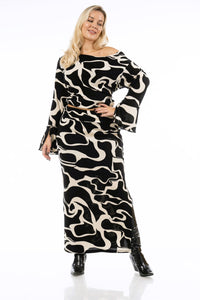 Σετ μπλούζα και φούστα plus size με abstract print σε μαύρο και μπεζ