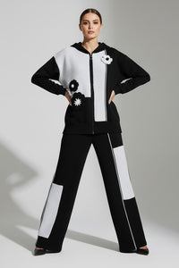 Σετ πλεκτή ζακέτα & παντελόνα ασπρόμαυρο με λουλούδια