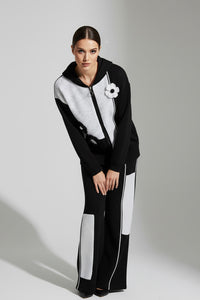 Σετ πλεκτή ζακέτα & παντελόνα ασπρόμαυρο με λουλούδια