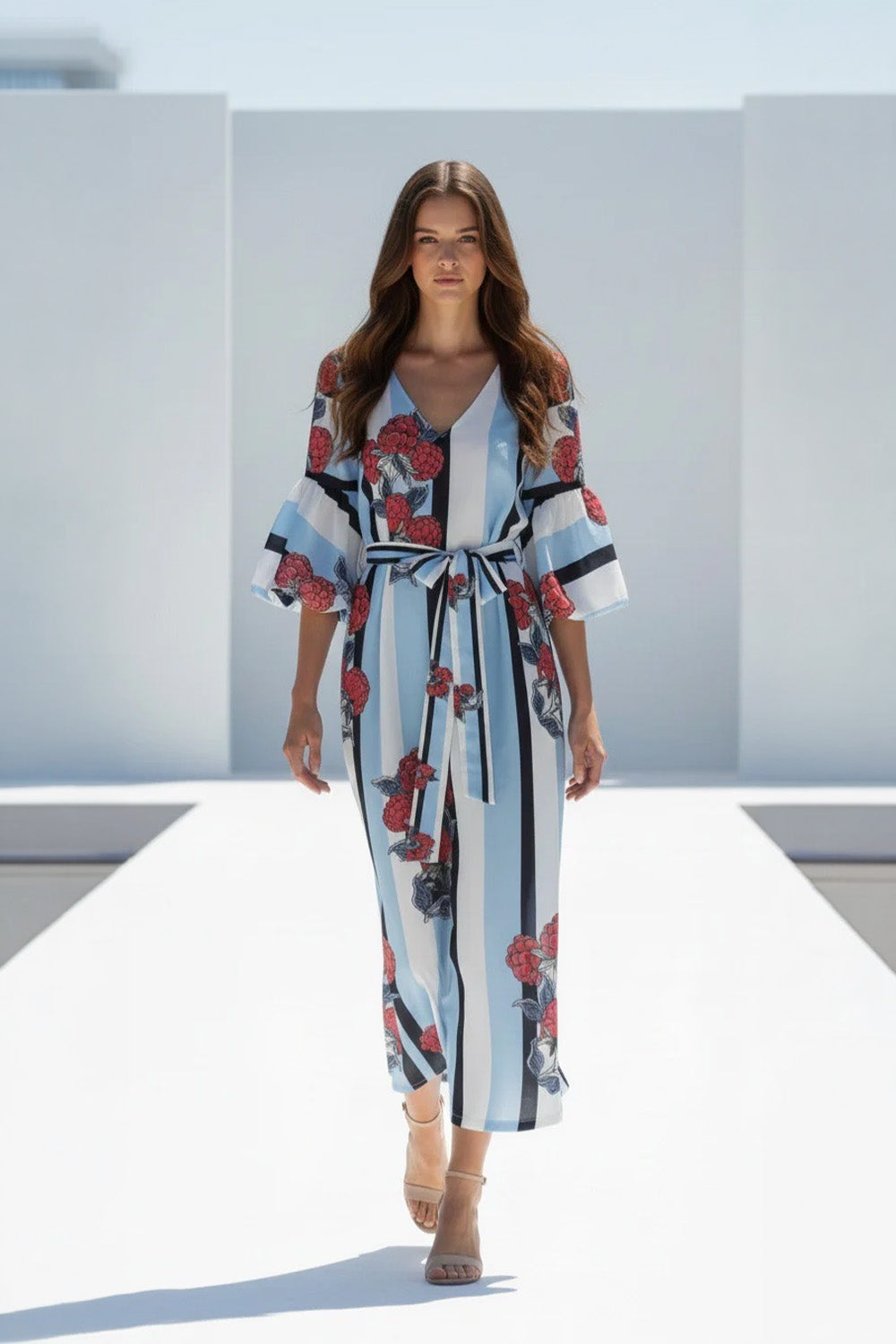 Midi Φόρεμα με Floral & Stripe Print Sky Blue
