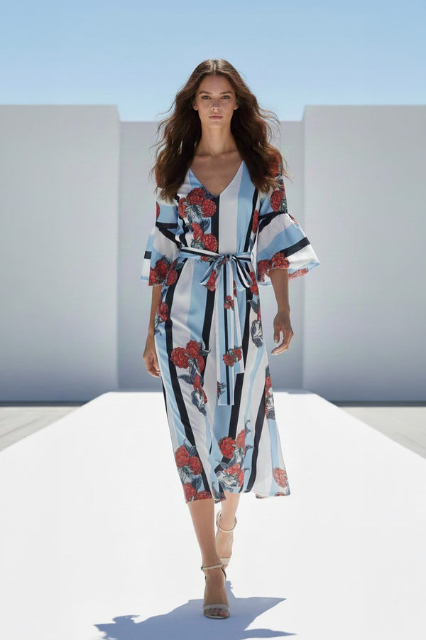 Midi Φόρεμα με Floral & Stripe Print Sky Blue