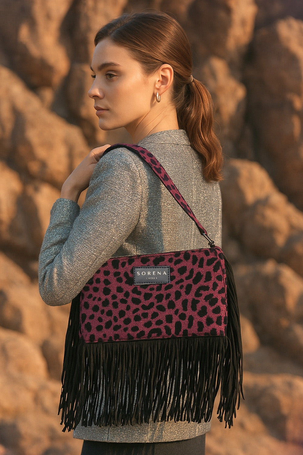 Sorena Τσάντα Ώμου με Animal Print και Κρόσσια