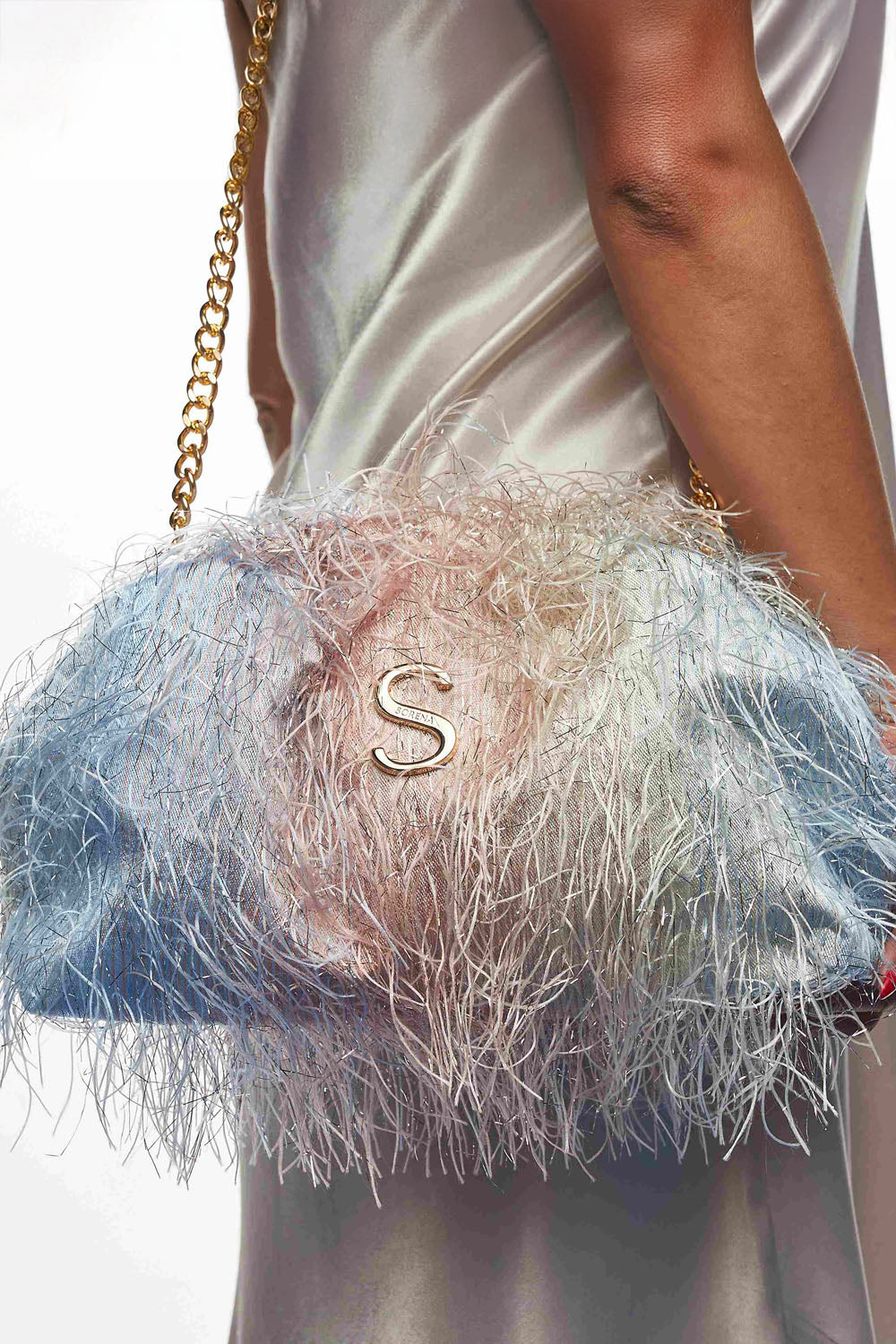Τσάντα Sorena Rainbow Feather με χρυσή αλυσίδα