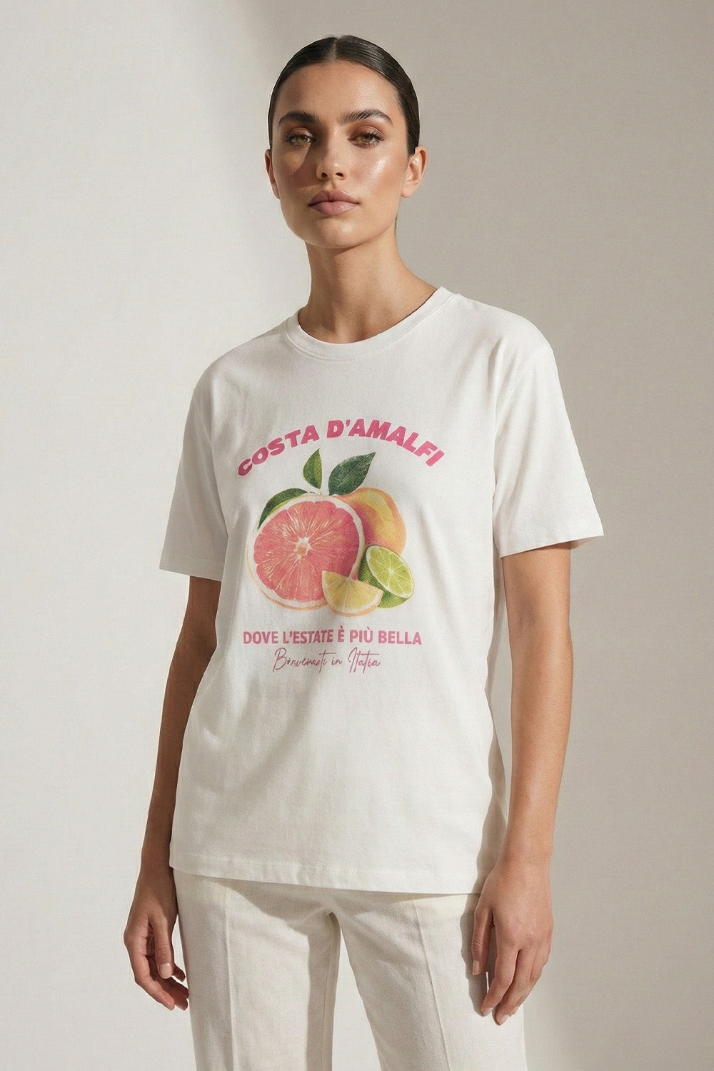 Λευκό T-shirt με τύπωμα εσπεριδοειδών Costa D’Amalfi μπροστά