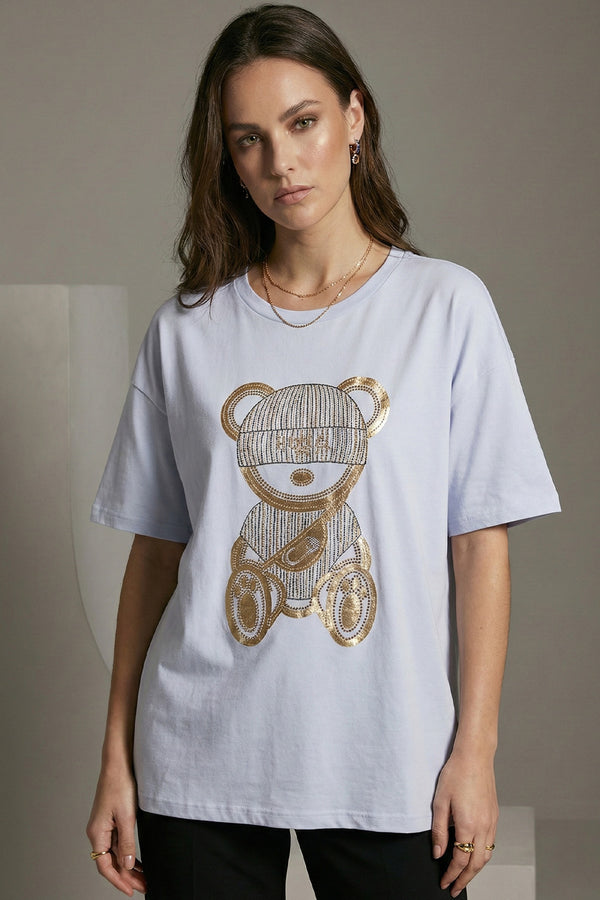 Γυναικείο  T-shirt με διακοσμητικό αρκουδάκι από strass σε χρυσούς και ασημί τόνους front view