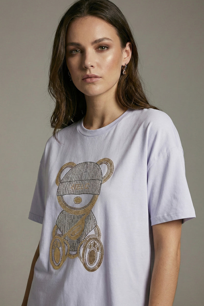 Γυναικείο  T-shirt με διακοσμητικό αρκουδάκι από strass σε χρυσούς και ασημί τόνους front view