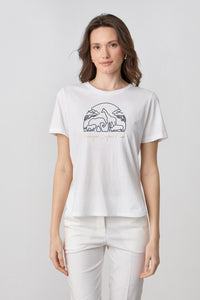 Λευκό γυναικείο T-shirt με safari τύπωμα και στρογγυλή λαιμόκοψη