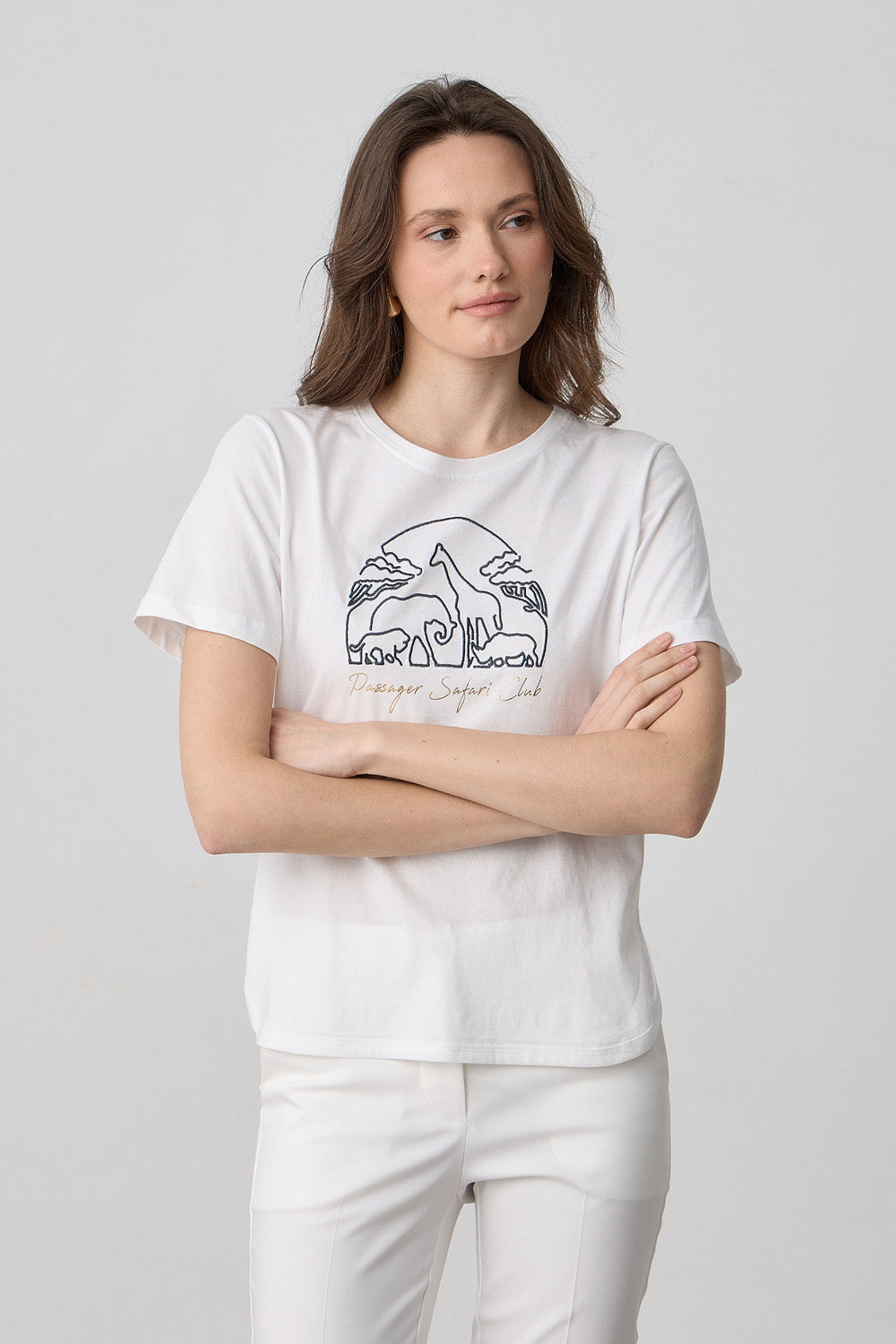 Λευκό γυναικείο T-shirt με safari τύπωμα και στρογγυλή λαιμόκοψη