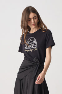 Μαύρο γυναικείο T-shirt με safari τύπωμα σε λευκό και στρογγυλή λαιμόκοψη