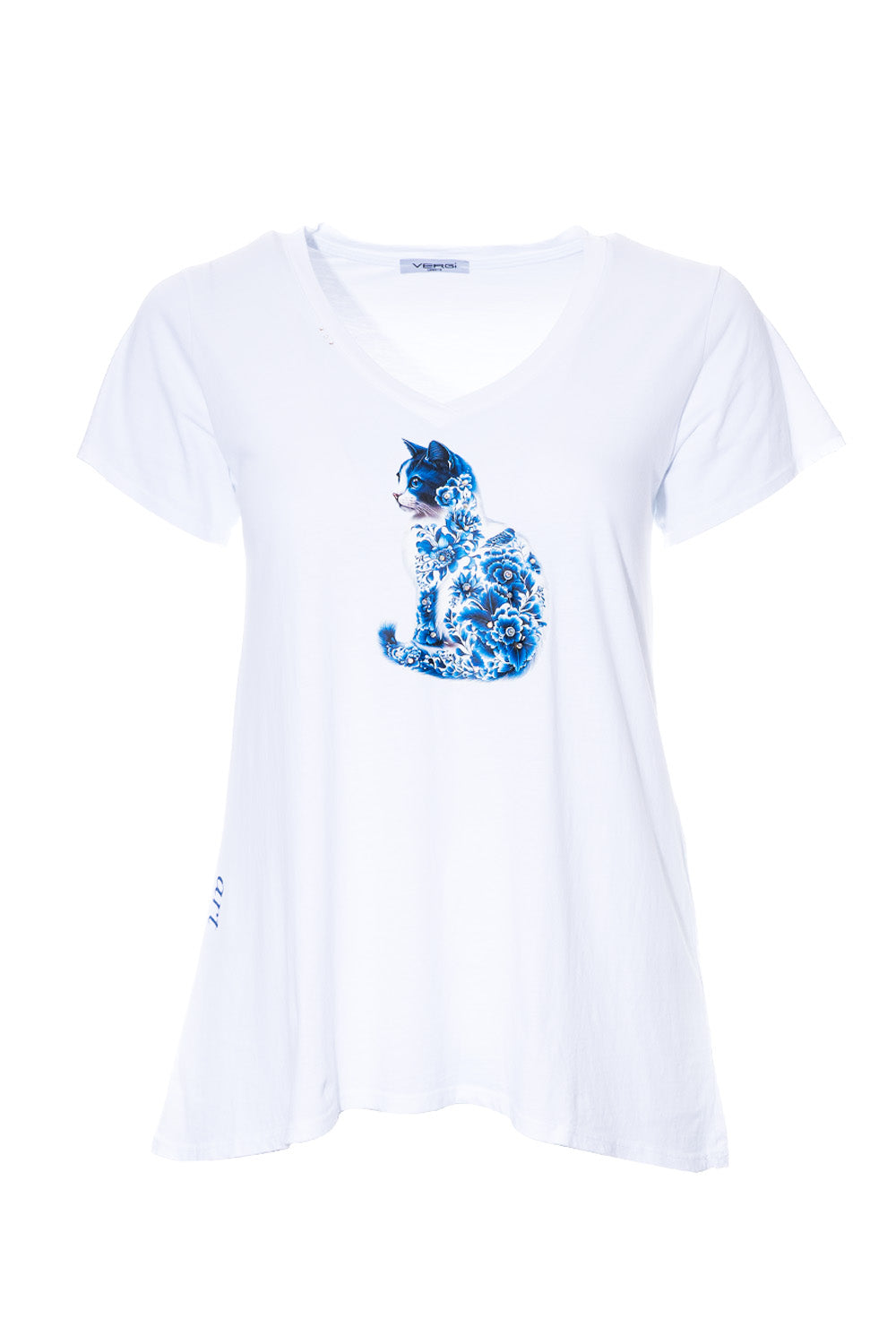 λευκό t-shirt με μπλε τύπωμα γατάκι και V λαιμόκοψη