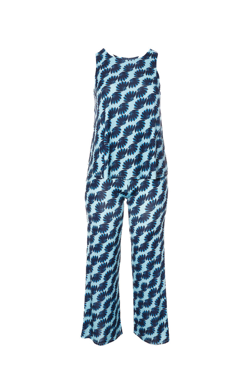 Σετ γυναικείο από μαγιοπανό με μπλε tropical print, μπλούζα και παντελόνι