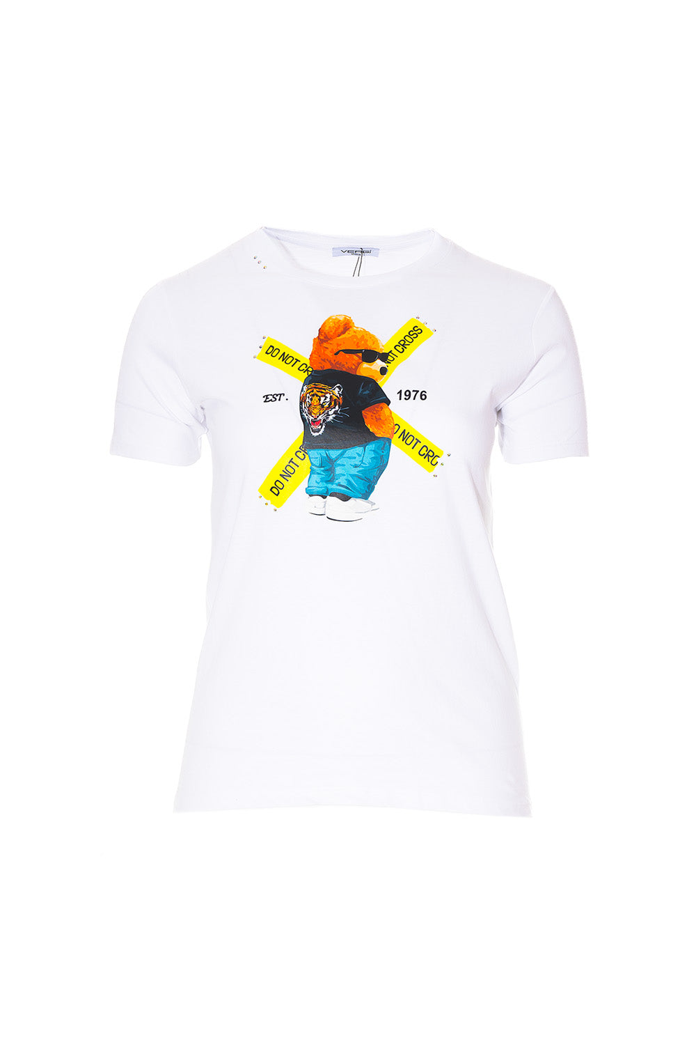 Λευκό t-shirt με στάμπα αρκούδα και urban λεπτομέρειες από Ellisargi Boutique