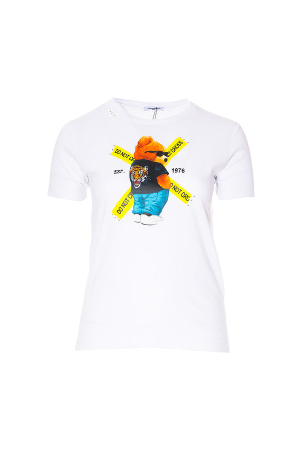 Λευκό t-shirt με στάμπα αρκούδα και urban λεπτομέρειες από Ellisargi Boutique
