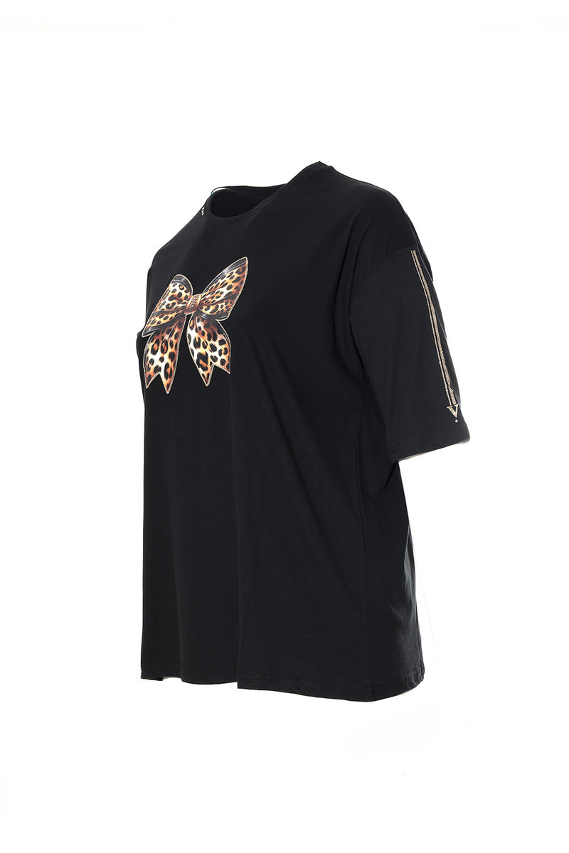 T-shirt μαύρο με leopard φιόγκο
