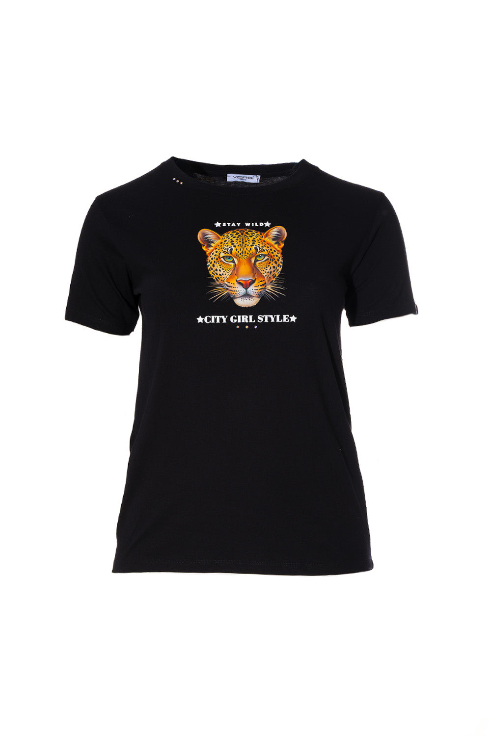Μαύρο t-shirt με στάμπα λεοπάρ κεφαλιού και επιγραφή από Ellisargi Boutique