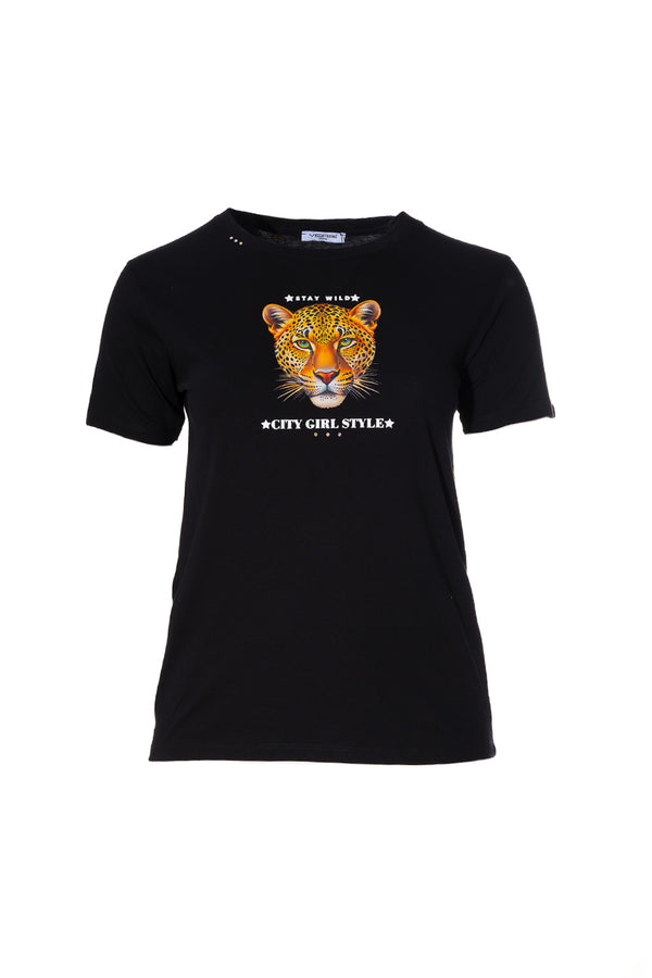 Μαύρο t-shirt με στάμπα λεοπάρ κεφαλιού και επιγραφή από Ellisargi Boutique
