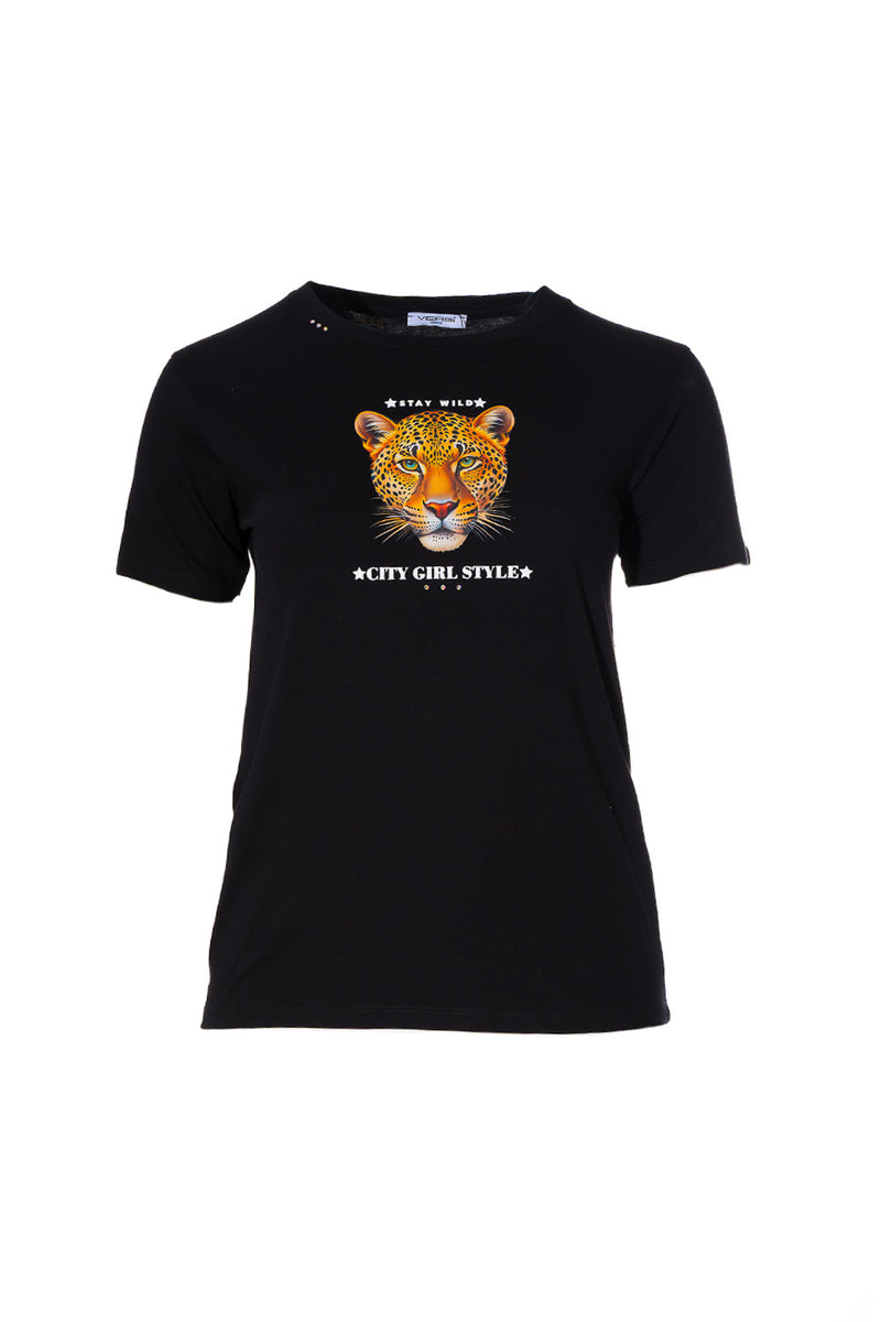 Μαύρο t-shirt με στάμπα λεοπάρ κεφαλιού και επιγραφή από Ellisargi Boutique