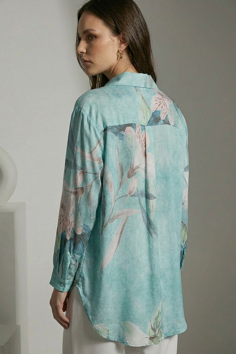 Τιρκουάζ oversized γυναικείο εμπριμέ πουκάμισο με floral σχέδιο και χαλαρή γραμμή