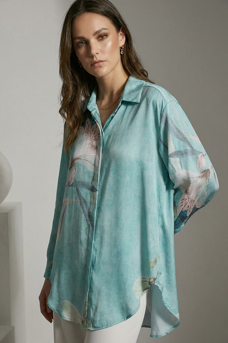 Τιρκουάζ oversized γυναικείο εμπριμέ πουκάμισο με floral σχέδιο και χαλαρή γραμμή