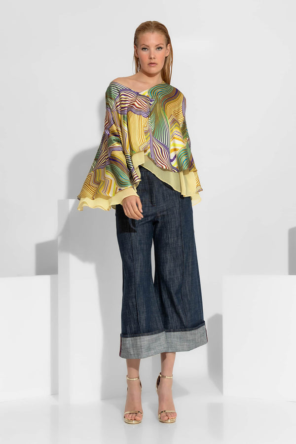 Τζιν cropped παντελόνι πεντάτσεπο με φαρδιά γραμμή και ρεβέρ στο τελείωμα σε σκούρο μπλε χρώμα