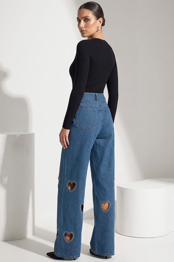 Μπλε γυναικείο τζιν παντελόνι με cut-out καρδιές και διακοσμητικά strass