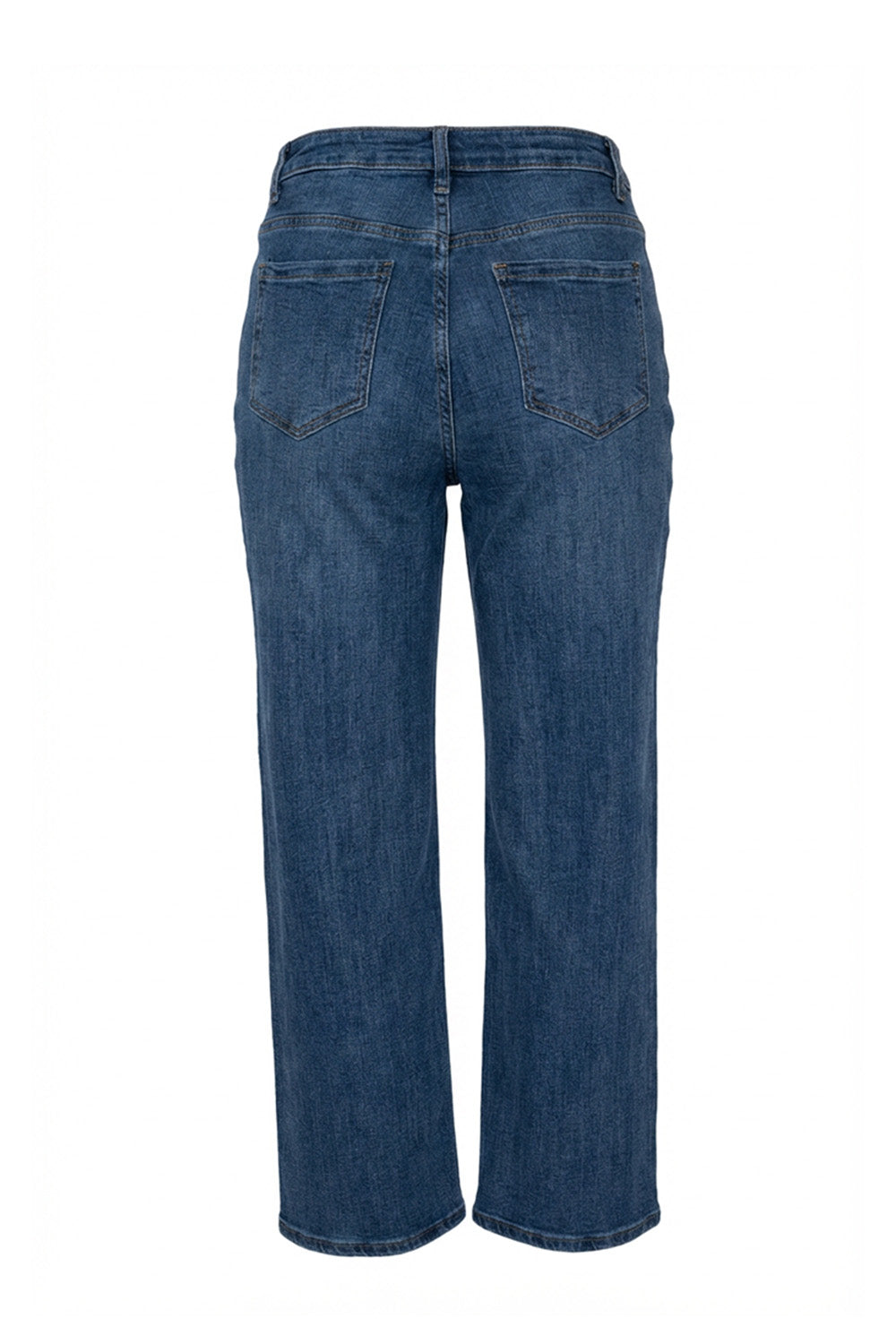 Γυναικείο μπλε τζιν παντελόνι σε ίσια γραμμή με κανονική μέση, φωτογραφημένο σε μοντέλο και σε λευκό φόντο.