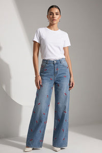 Τζιν Παντελόνι με Κεντημένα Κεράσια