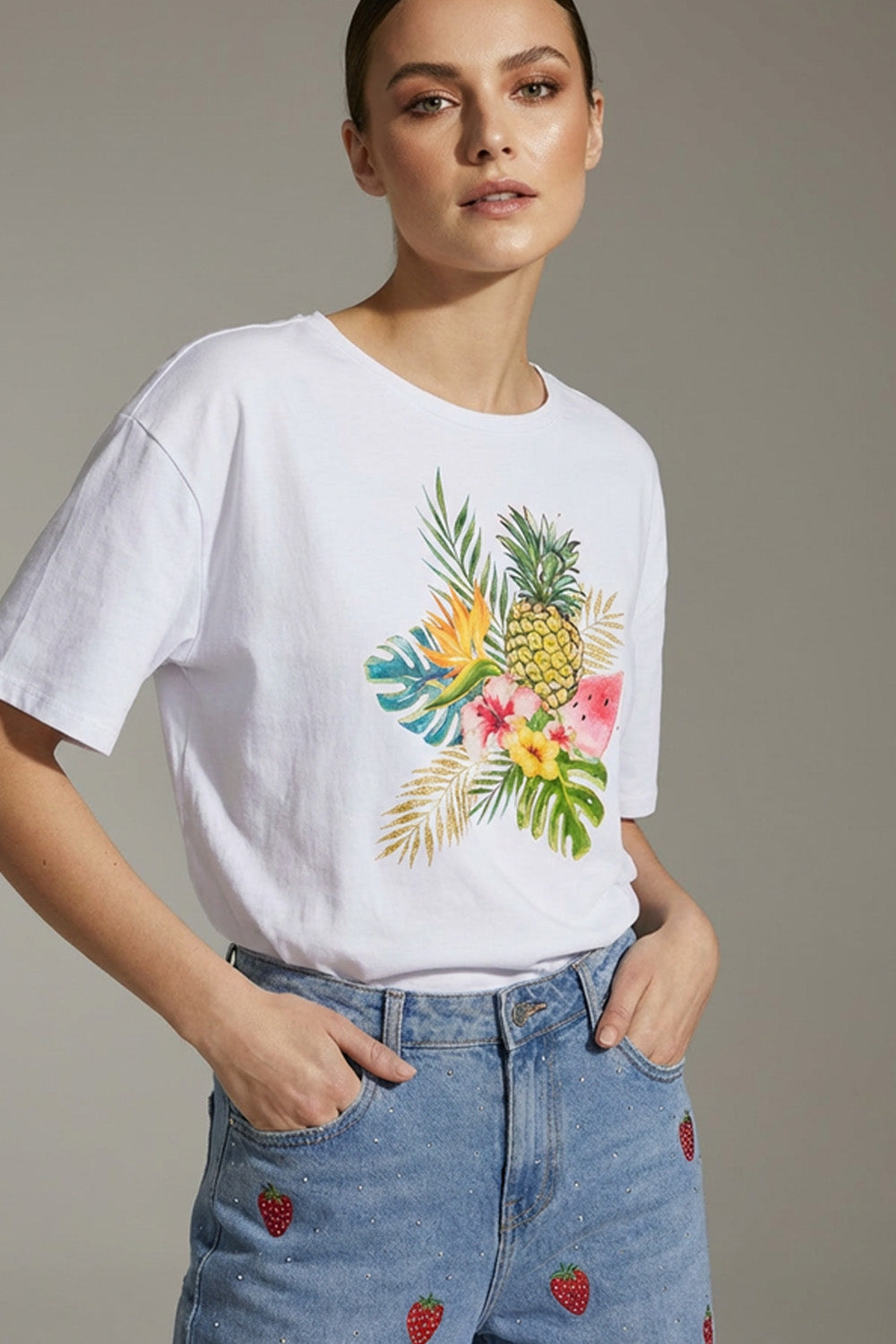 T-Shirt με Τροπικό Τύπωμα – Λευκό