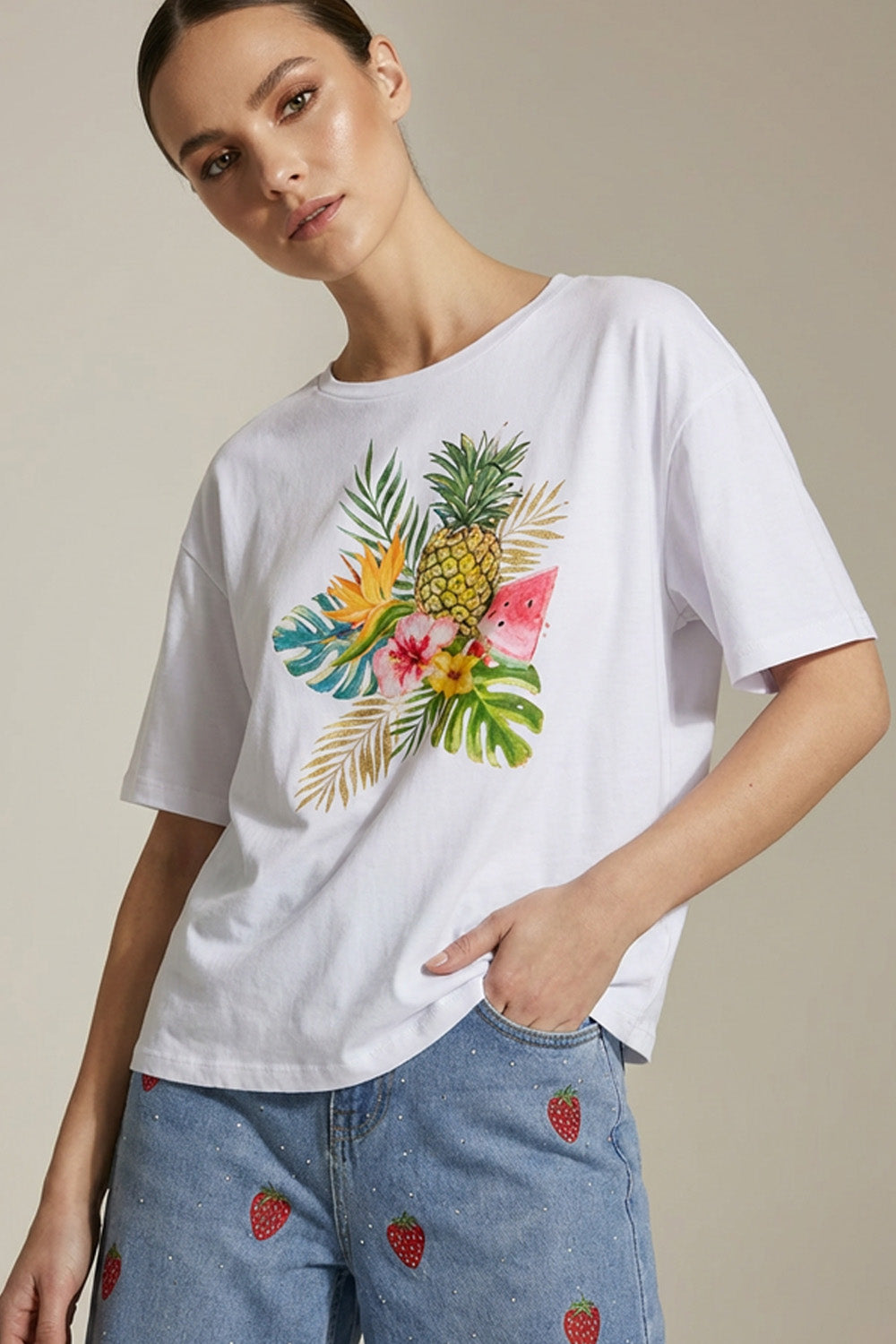 T-Shirt με Τροπικό Τύπωμα – Λευκό