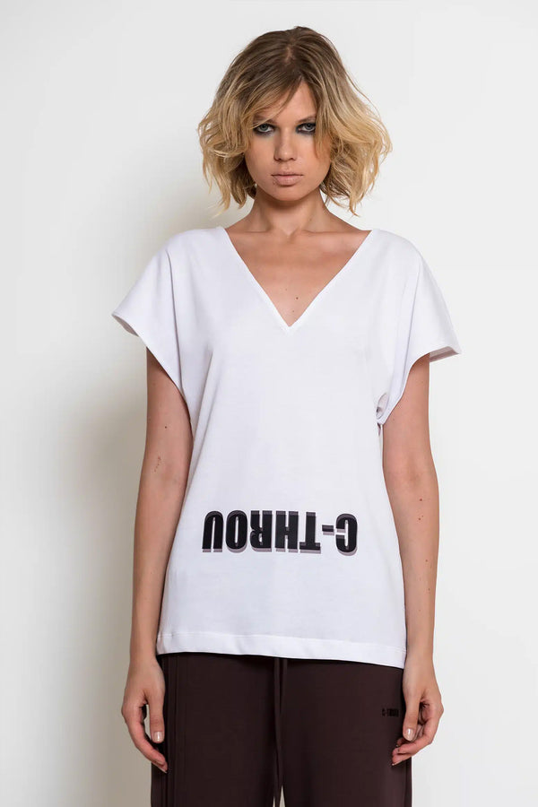 Γυναικείο λευκό T-shirt C-THROU με φαρδιά κοντά μανίκια, V λαιμόκοψη και λογότυπο μπροστά