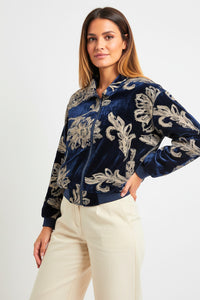 Γυναικείο μπλε βελούδινο jacket με χρυσά κεντητά μοτίβα σε άνετη γραμμή