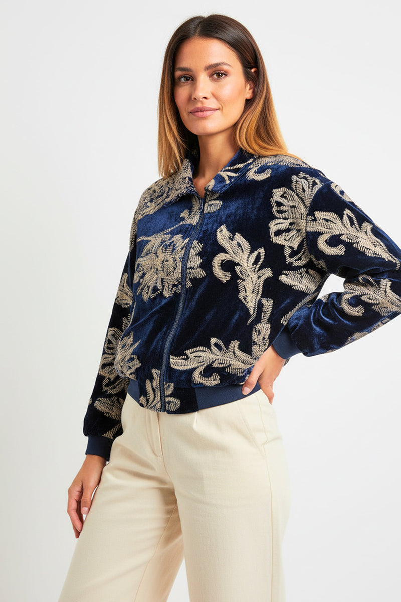 Γυναικείο μπλε βελούδινο jacket με χρυσά κεντητά μοτίβα σε άνετη γραμμή