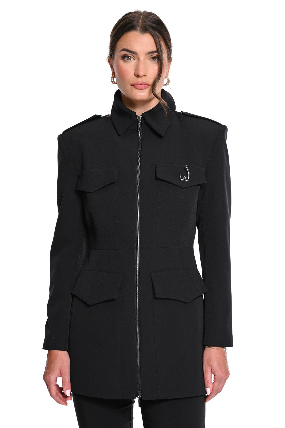 WE COSS μαύρο γυναικείο military jacket με φερμουάρ και τσέπες