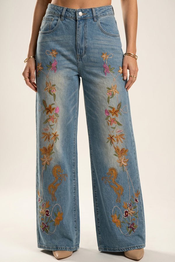 τζιν wide leg παντελόνι με κεντήματα και ψηλή μέση