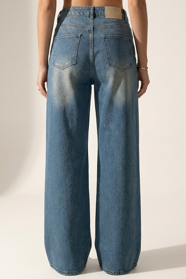 τζιν wide leg παντελόνι με κεντήματα και ψηλή μέση