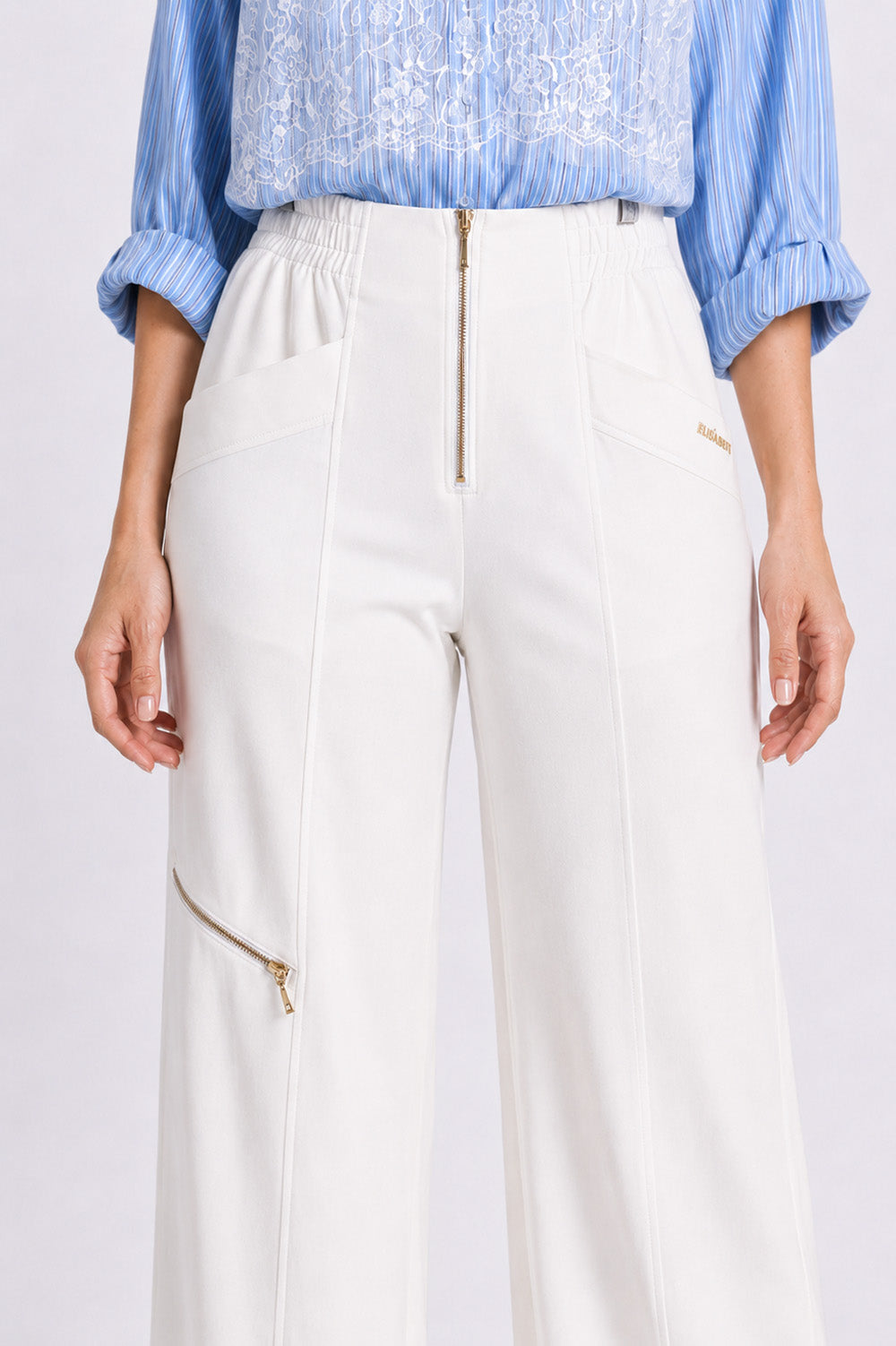 Wide Leg Παντελόνα με Διακοσμητικά Φερμουάρ Off White