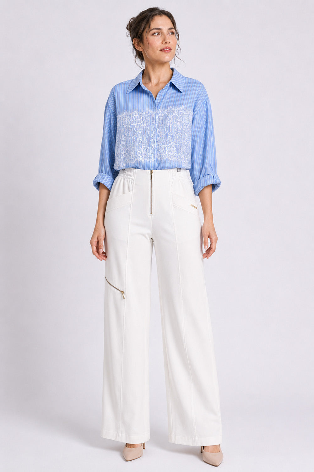 Wide Leg Παντελόνα με Διακοσμητικά Φερμουάρ Off White
