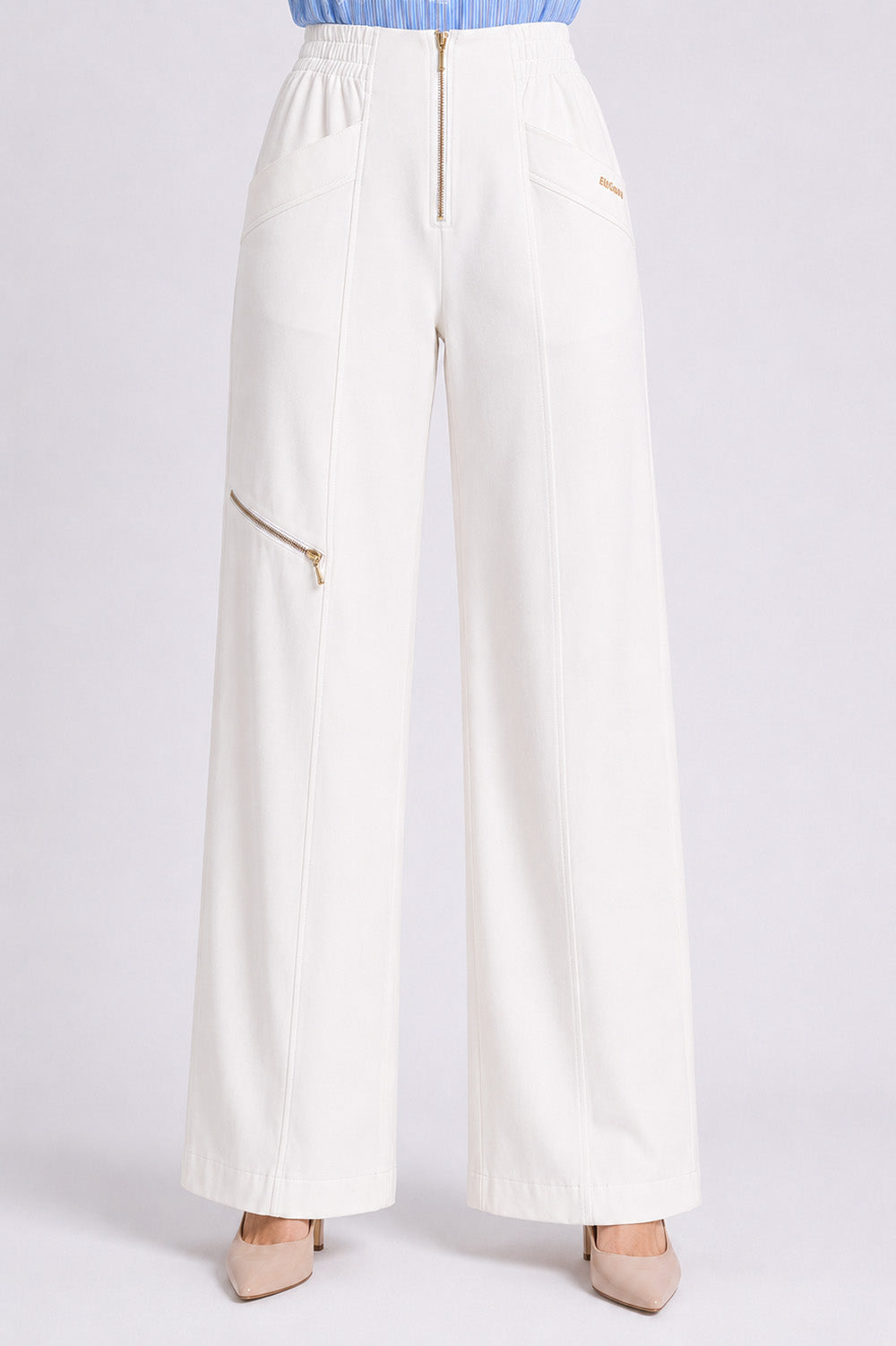 Wide Leg Παντελόνα με Διακοσμητικά Φερμουάρ Off White